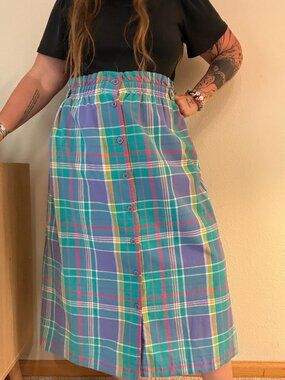 Vintage Jantzen Bright Plaid Windowpane Elastic Waist Summer Skirt XL-1X 12